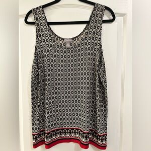 Chico’s Travelers Sleeveless Black & White Patterned Tank with Red Trim Size 3